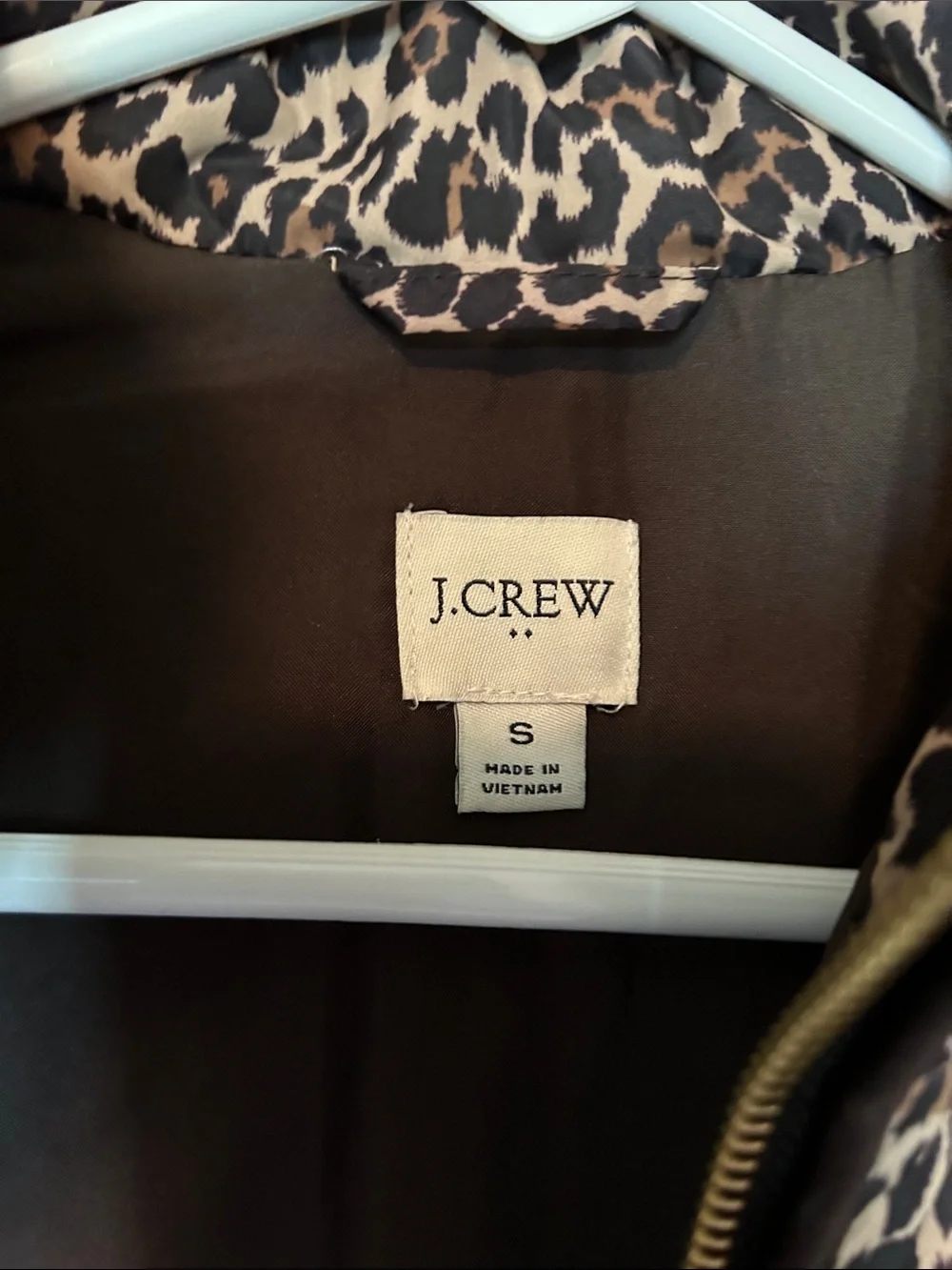 J. Crew Leopard Print Quilted Puffer Vest Small Brown Animal Print Gold Zip